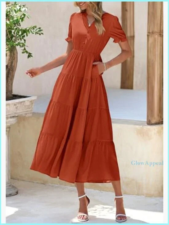 Summer Casual V-Neck Midi Dress A-Line Tiered Wedding Guest - Picture 4 of 7